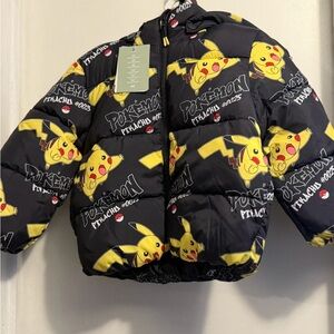 Pokemon Kids Puffer Jacket - Black and Yellow Pikachu Design